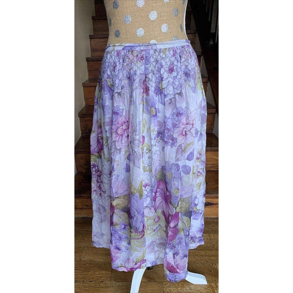 TREVAN Womens Silk Linen Maxi Skirt Watercolor Floral Sz 4 Fairy Purple Garden
